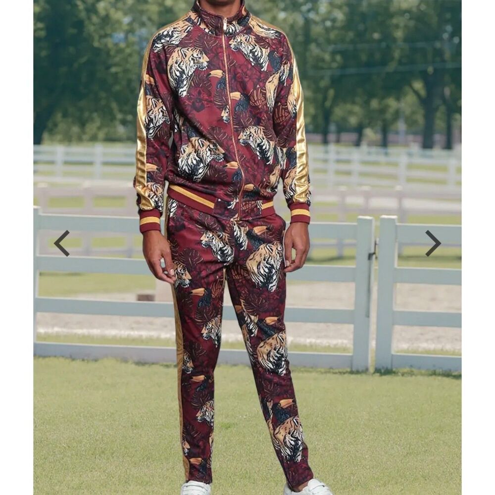 Vintage MEN'S G-STYLE USA GOLD ACCENT TIGER PRINT TRACK SUIT 2 PIECE SWEAT SET M